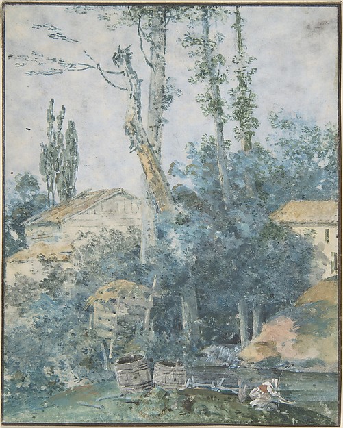 Anonymous, French, 18th century, Rustic Scene – A Woman Washing Clothes in a Stream