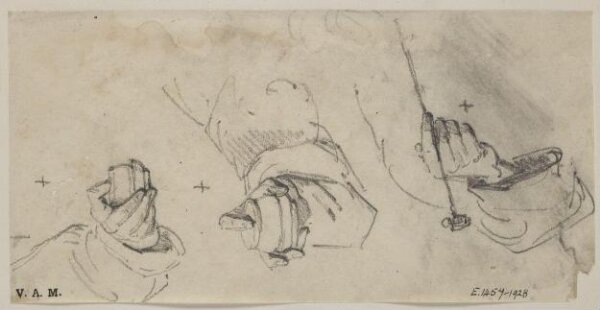 George Chinnery, Three drawings of a hand grasping different objects