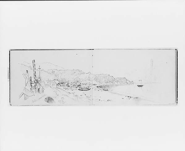 William Trost Richards, Village, Teepees, and Totem by a Bay (from Sketchbook X)