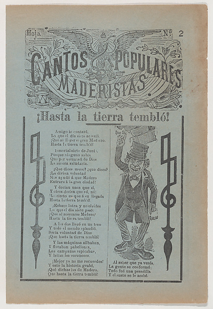 José Guadalupe Posada, Broadsheet celebrating one of the founders of the Mexican Revolution, Francisco Madero, shown in a suit and top hat pointing to the phrases 'Que Si' and 'Que No'