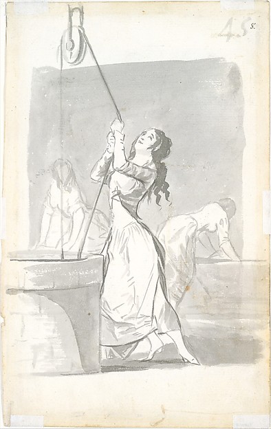 Goya (Francisco de Goya y Lucientes), Three women, one in the foreground drawing water from a well, two in the background washing; folio 45 (recto) from the Madrid Album "B"