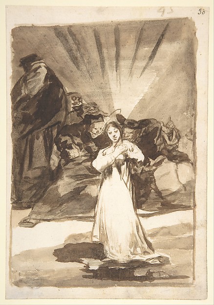 Goya (Francisco de Goya y Lucientes), A radiant female figure beset by dark spirits; page 45 from the "Images of Spain" Album (F)