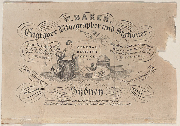 Anonymous, British, 19th century, Trade Card for W. Baker, Engraver, Lithographer & Stationer