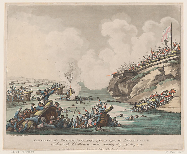 Thomas Rowlandson, Rehearsal of a French Invasion as Performed before the Invalids at the Islands of St Marcou on the Morning of the 7th of May 1798