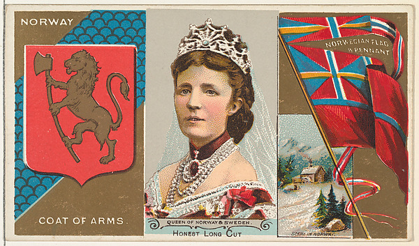 W. Duke, Sons & Co., Queen of Norway and Sweden, from the Rulers, Flags, and Coats of Arms series (N126-1) issued by W. Duke, Sons & Co.