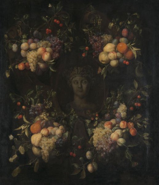 Joris van Son, Simulated Sculpted Head of a Woman in a Cartouche Decorated with Swags of Fruit