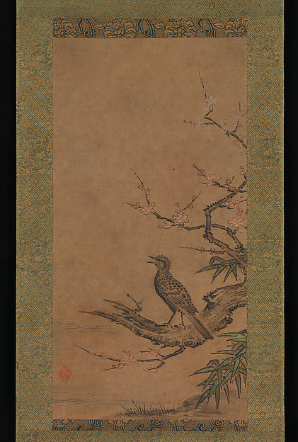 Kano Shōei, Brown-Eared Bulbul (Hiyodori) on a Branch of Plum