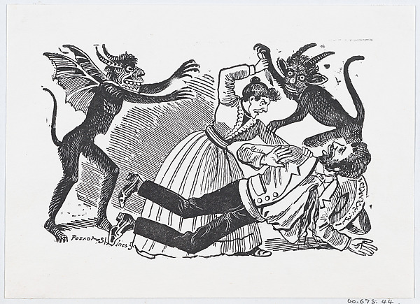 José Guadalupe Posada, A woman surrounded by demons stabbing a man to death from a broadside entitled 'Horroroso Asesinato'