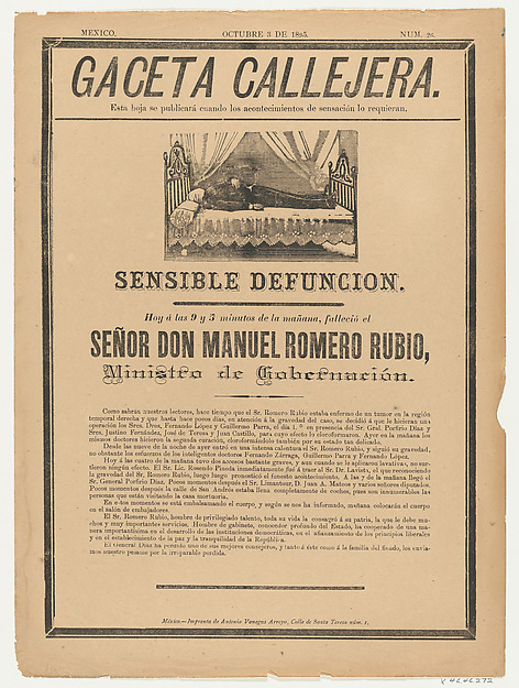 Anonymous, Page from the Gaceta Callajera (October 3 1895) relating to the death of the government minister, Don Manuel Romero Rubio
