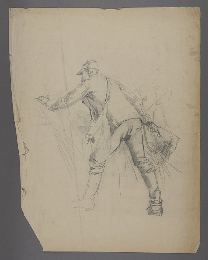 Karl Hagemeister, Jäger auf der Lauer, Schilf beiseite schiebend, um 1885