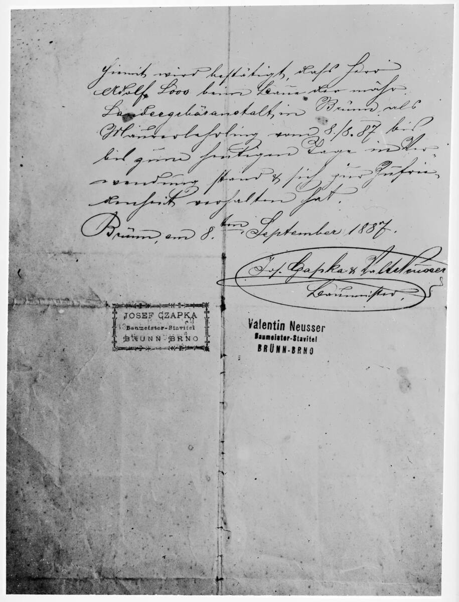 Anonym, Praktikumszeugnis für Adolf Loos von Josef Czapka und Valentin Neusser