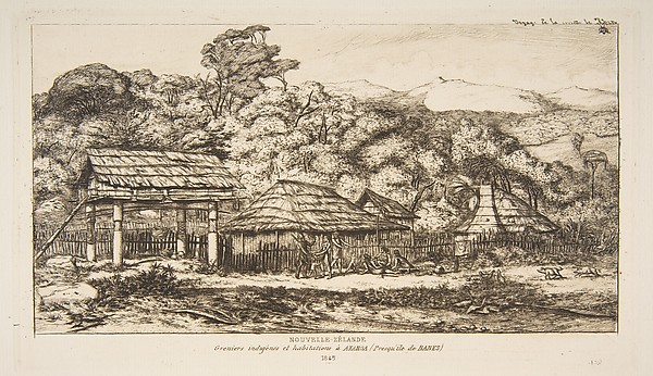 Charles Meryon, Native Barns and Huts at Akaroa, Banks Peninsula, 1845, from "The Voyage to New Zealand (1842–46)"