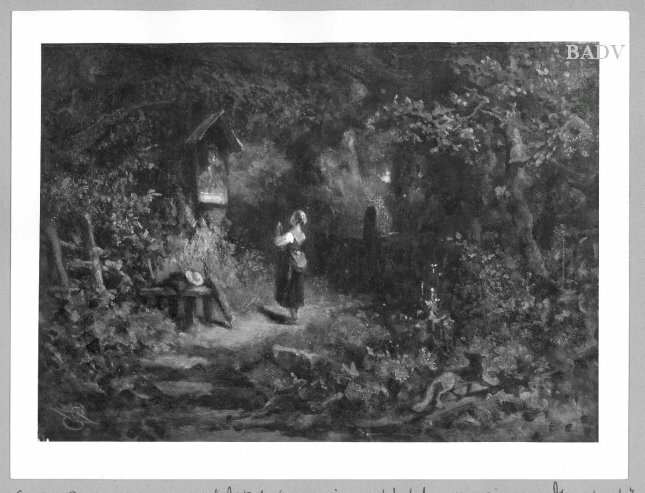 Carl Spitzweg, girl praying at a shrine under trees