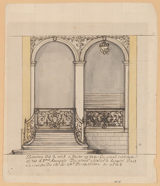Anonymous, French, 18th century, Elevation for a stairway and a second en suite drawing (unmatted): design for ironwork balustrade