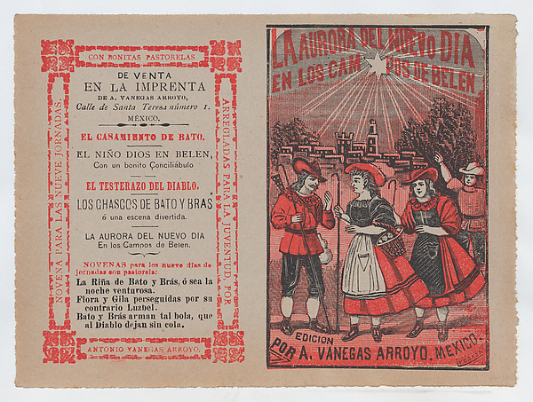 José Guadalupe Posada, Cover for 'La Aurora del Nuevo Dia en los Campos de Belen', villagers holding shepherd's hooks and walking in the countryside