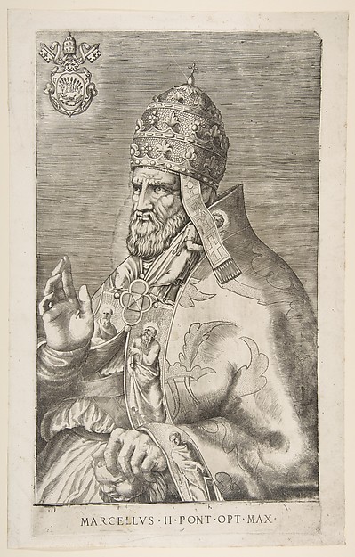 Giulio Bonasone, Portrait of Pope Marcellus II, right hand raised facing left