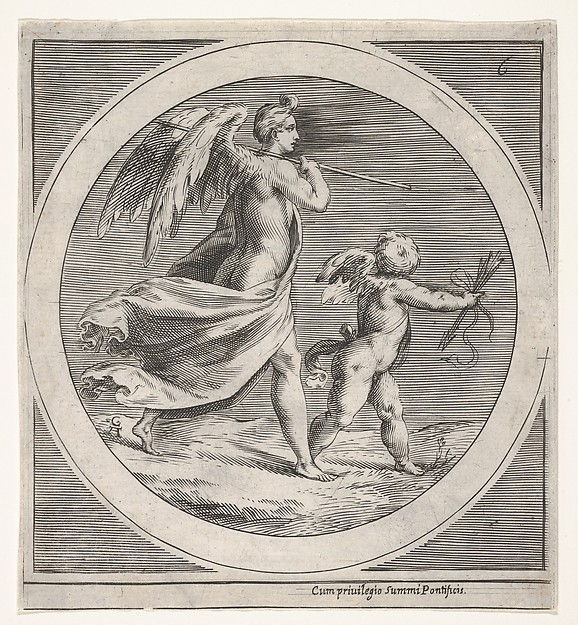 Anonymous, Winged female figure, draped and carrying a staff, striding behind a winged putto, who twists to look over his left shoulder, a round composition