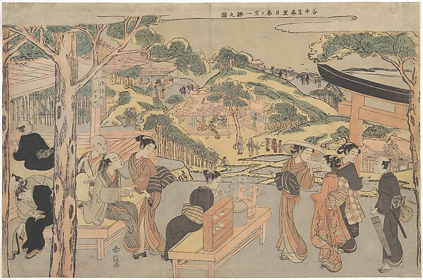Suzuki Harunobu, Osen of the Kagiya Teahouse at Kasamori Shrine with a View of Nippori in Yanaka