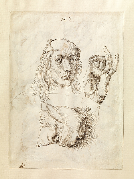 Albrecht Dürer, Self-portrait, Study of a Hand and a Pillow (recto); Six Studies of Pillows (verso)