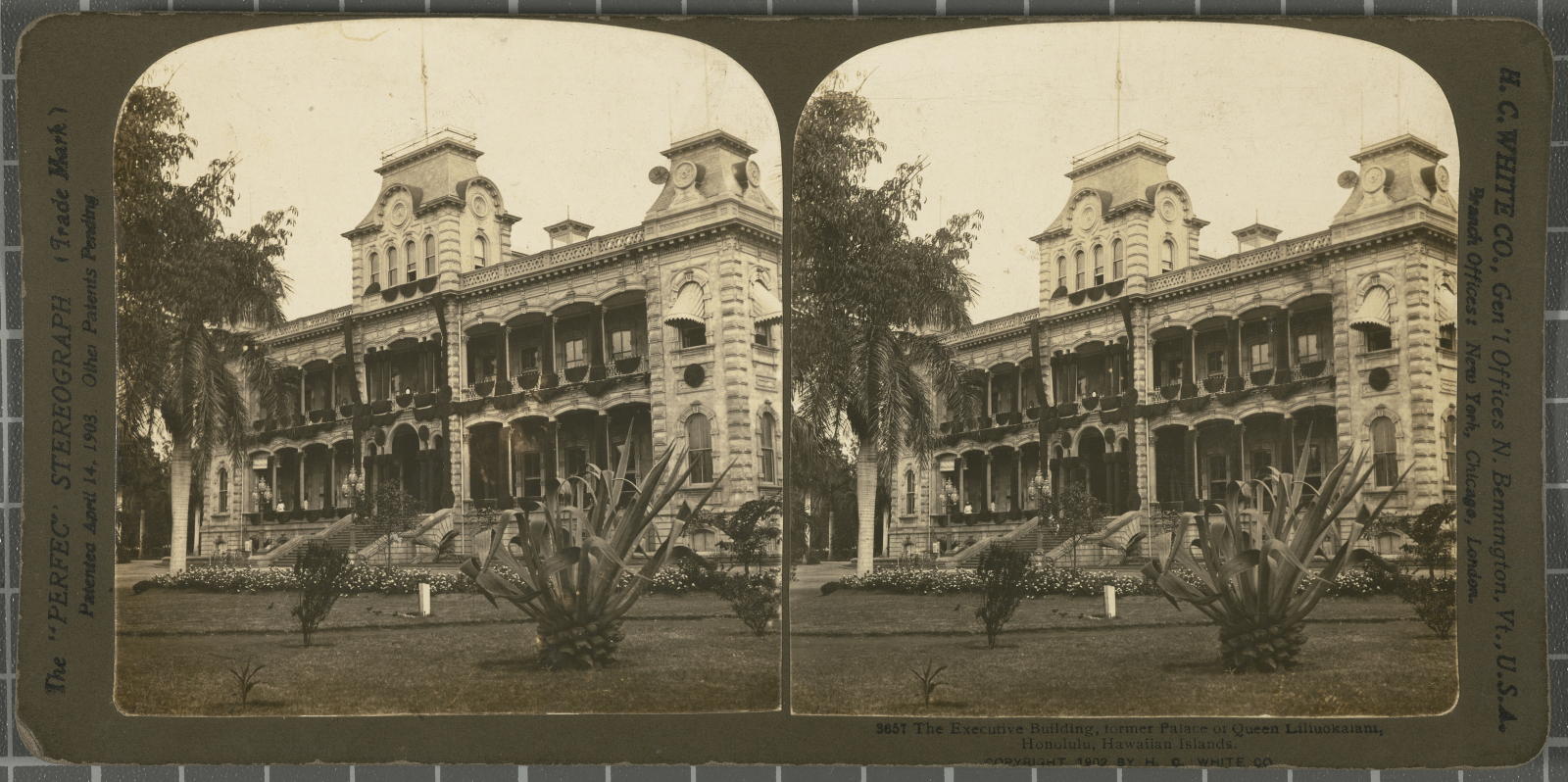 Desconegut, The Executive Building, tormer Palace of Queen Liliuokaians, Honolulu, Hawaiian Islands. White, H.C. & Co., The "Perfec" Stereograph