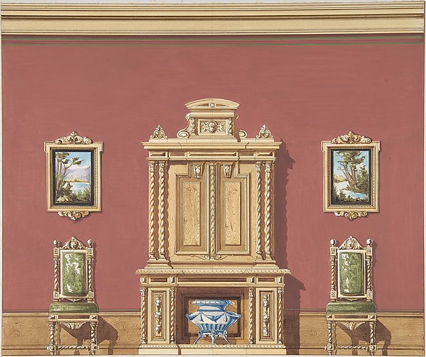 Anonymous, British, 19th century, Interior Design with a Central Cabinet, Two Chairs and Two Landscape Paintings against a Red Wall