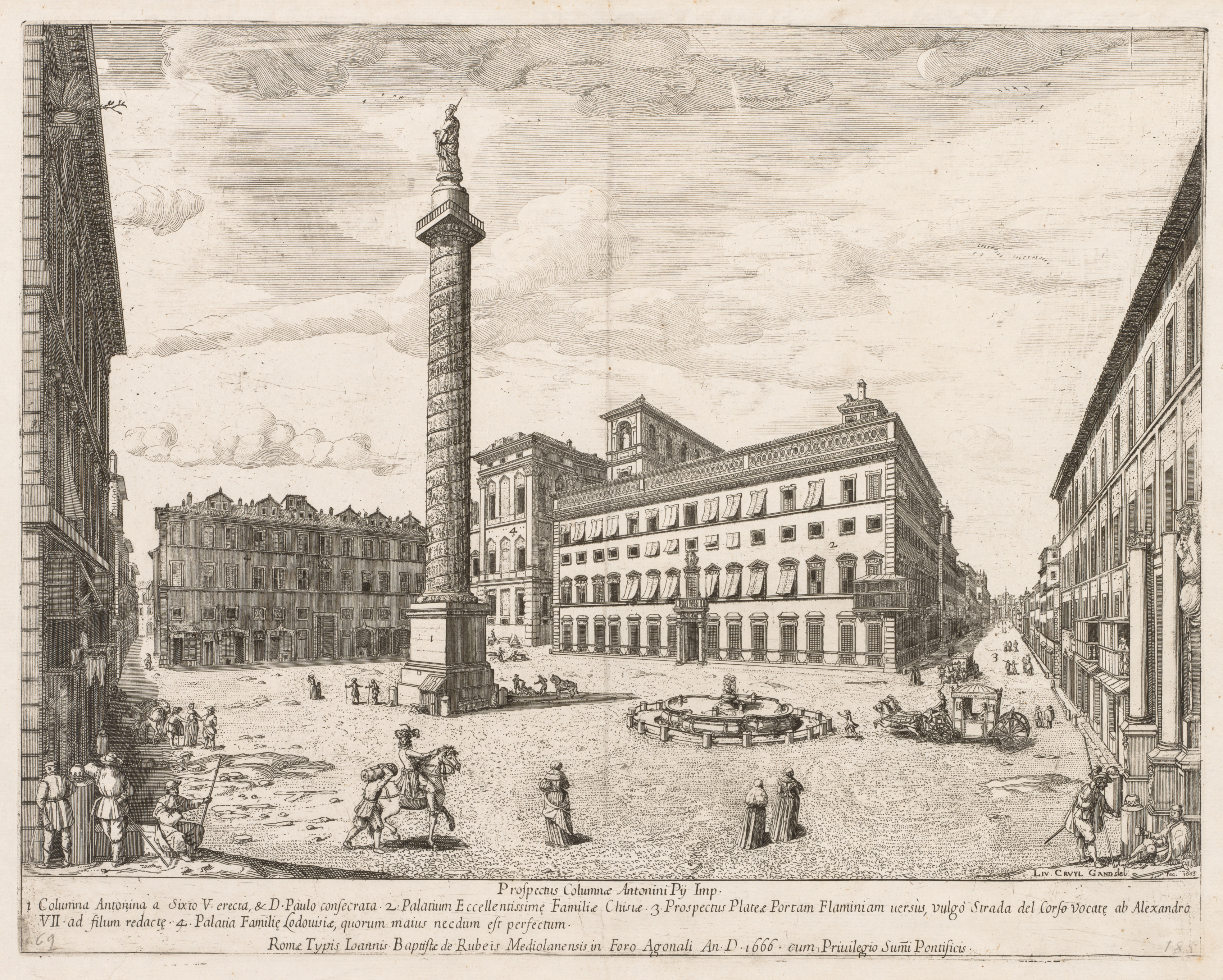 Lievin Cruyl, Piazza Colonna from "Prospectus Locurum Urbis Romae Insign[ium]"