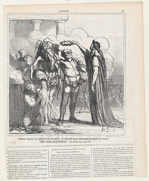 Honoré Daumier, Empedocles receiving the divine honors from the inhabitants of Salinonte for having a river purified: Project proposed b the Charivari to the Academy of Fine Arts, from 'News of the day,' published in Le Charivari, May 1, 1866