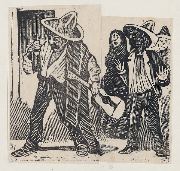 José Guadalupe Posada, A man holding a bottle and guitar and another man with both hands raised, from a broadside entitled 'Versos de lino matadas', published by Antonio Vanegas Arroyo