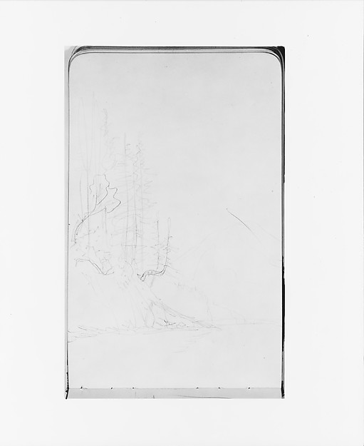 Albert Bierstadt, Trees on a Cliffside with a Mountain in the Background (from Sketchbook)