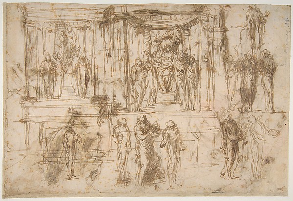 Polidoro da Caravaggio, Studies for an Altarpiece with the Virgin Enthroned, Attended by Four Saints (recto); Various Figure Studies, Some Possibly for a Deposition of Christ (verso)