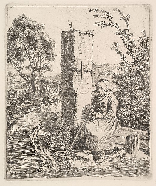 Johann Christoph Erhard, An Old Lady Sitting Near a Pillar at Side of Road