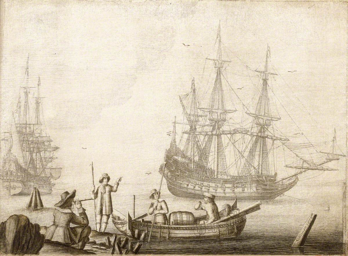 Experiens Sillemans, Men in a Boat Near Two Dutch Ships