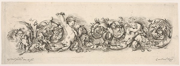 Stefano della Bella, Design for a Frieze with Acanthus Scrolls and Playing Putti and Dogs, plate 12 from "Decorative friezes and foliage" (Ornamenti di fregi e fogliami)