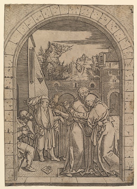 Marcantonio Raimondi, Joachim embracing Saint Anne under the golden gate in Jerusalem, after Dürer