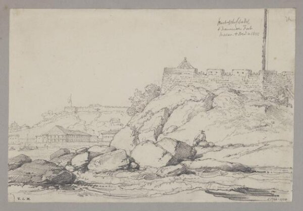George Chinnery, Part of the Citadel and Franciscan Fort, Macao, with part of Mr. Whiteman's house ("the forty-pillared house")