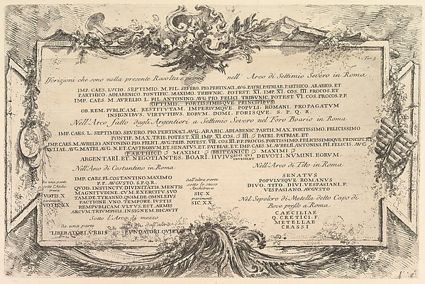 Giovanni Battista Piranesi, Plate 3: Inscriptions on Antiquities outside Rome with Index of Plates, from "Antichità Romane de' Tempi della Repubblica, e de' primi Imperatori"