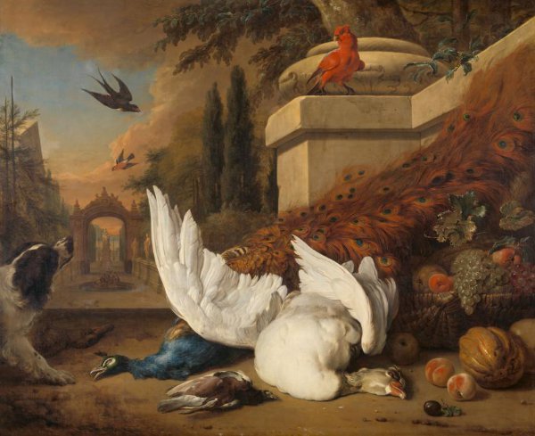 Jan Weenix, A Dog with a dead Goose and Peacock (A Study of Game and Fruit)