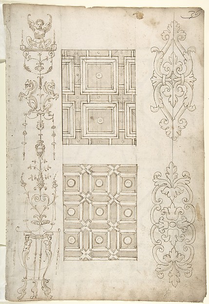 Anonymous, Italian, 16th century, Grotesque Decoration and Ceiling Designs (recto); Geometric Design (verso)