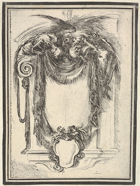 Stefano della Bella, A cartouche formed by drapery and topped with two skeletons atop an Ionic entablature, plate 10 from "Nouvelles inventions de Cartouches"