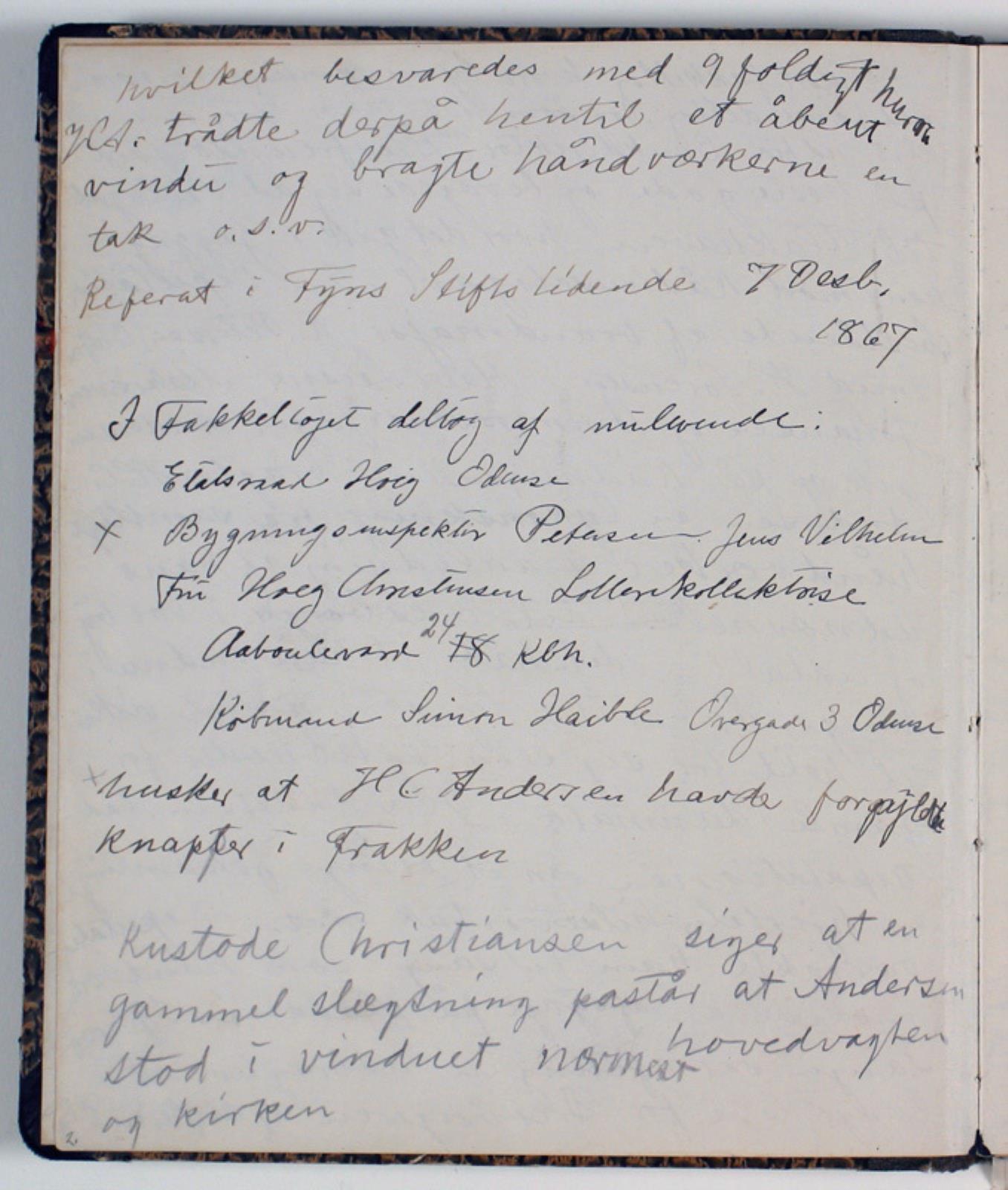 Niels Larsen Stevns, Notater vedr. fakkeltoget i Odense 1867