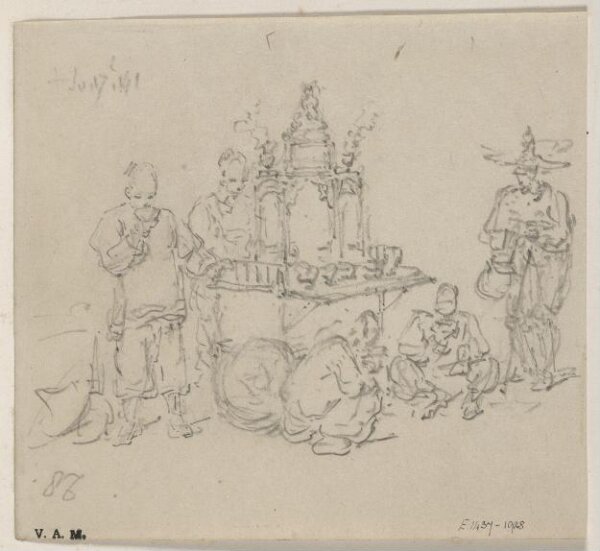George Chinnery, Chinese figures by an altar table