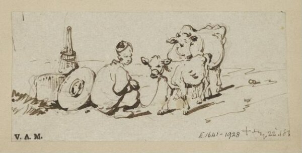 George Chinnery, A crouching Chinese figure by a tethered calf and cow