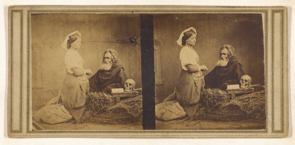 Unknown, [Genre: woman on knees in front of white bearded man, skull and open book on small table]