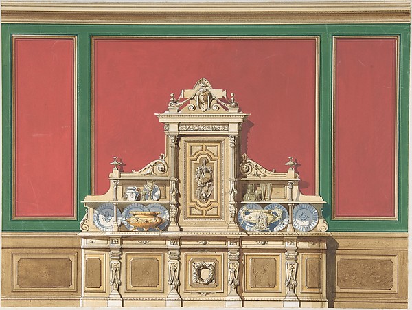 Anonymous, British, 19th century, Interior Design for Large Display Cabinet against Red and Green Panelling