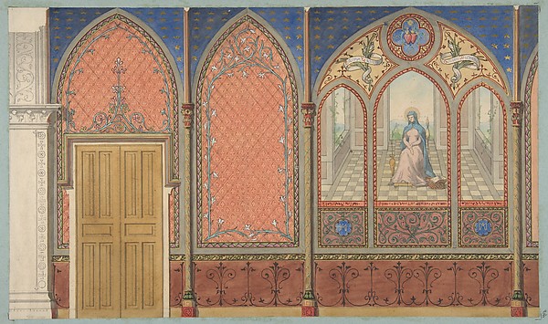 Jules-Edmond-Charles Lachaise, Elevation of a Church or Chapel with designs for ornament and a painted triptych of the Virgin Mary