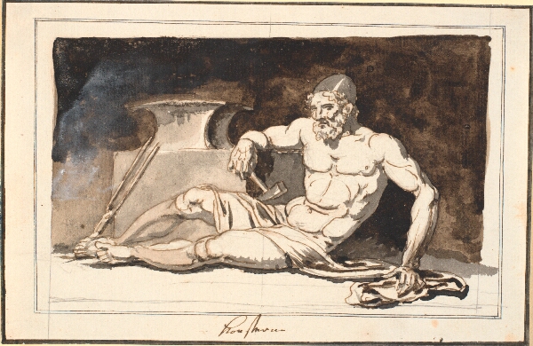 Nicolai Abildgaard, En liggende Vulkan, ved ambolten. Allegori på kunsterne