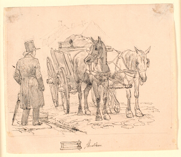 Johan Thomas Lundbye, Skraldemandshesten. F.n.m.f. tegning af en skralde. Illustration til Kaalunds "Fabler for Børn". Se kommentar fra arkkatalog.