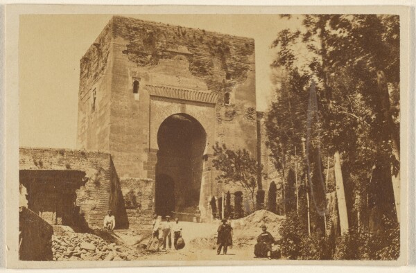 Unknown, [The entrance to the Alhambra, with workmen in front]
