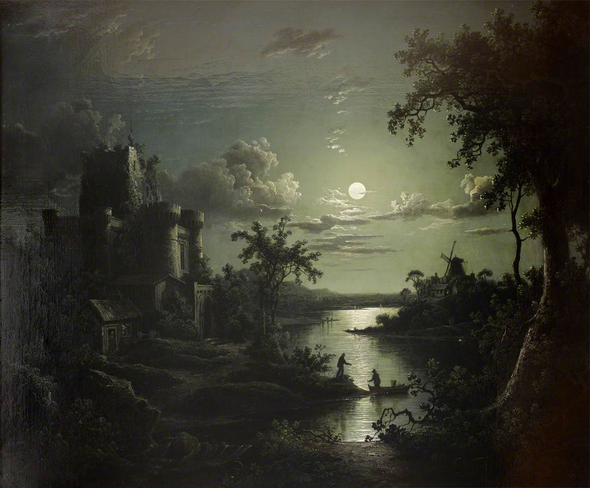 Sebastian Pether, Moonlit River Landscape with a Castle, a Windmill, and Boatmen
