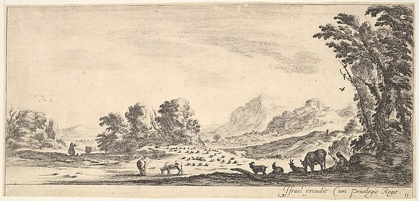 Stefano della Bella, Plate 11: shepherdess seated to the right under a tree, watching her flock to the left, mountains to right in the background, from "Various Landscapes" (Divers Paysages)
